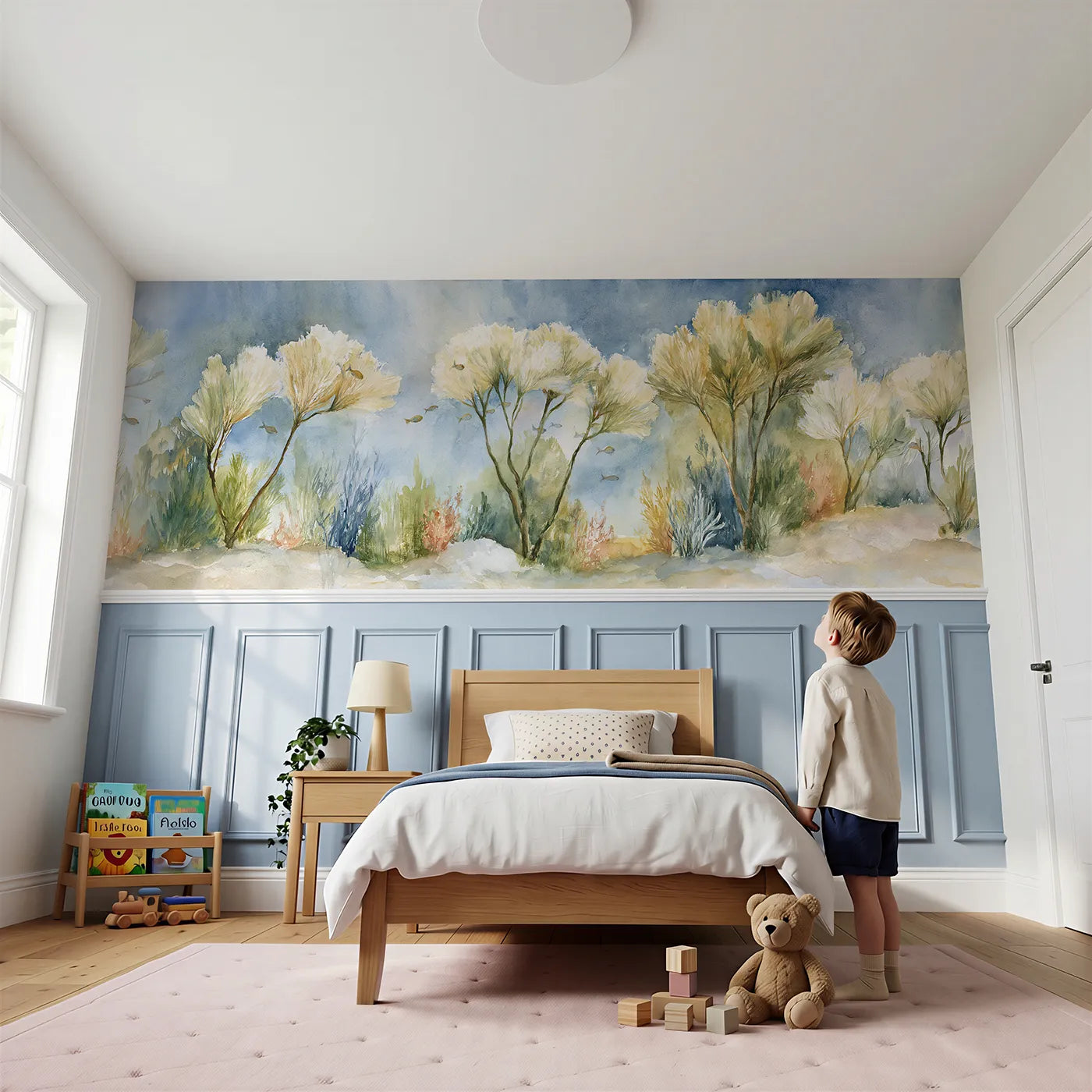 Child reading near Sea Fan Garden Morning Wainscoting Wallpaper by Whimsy Tots
