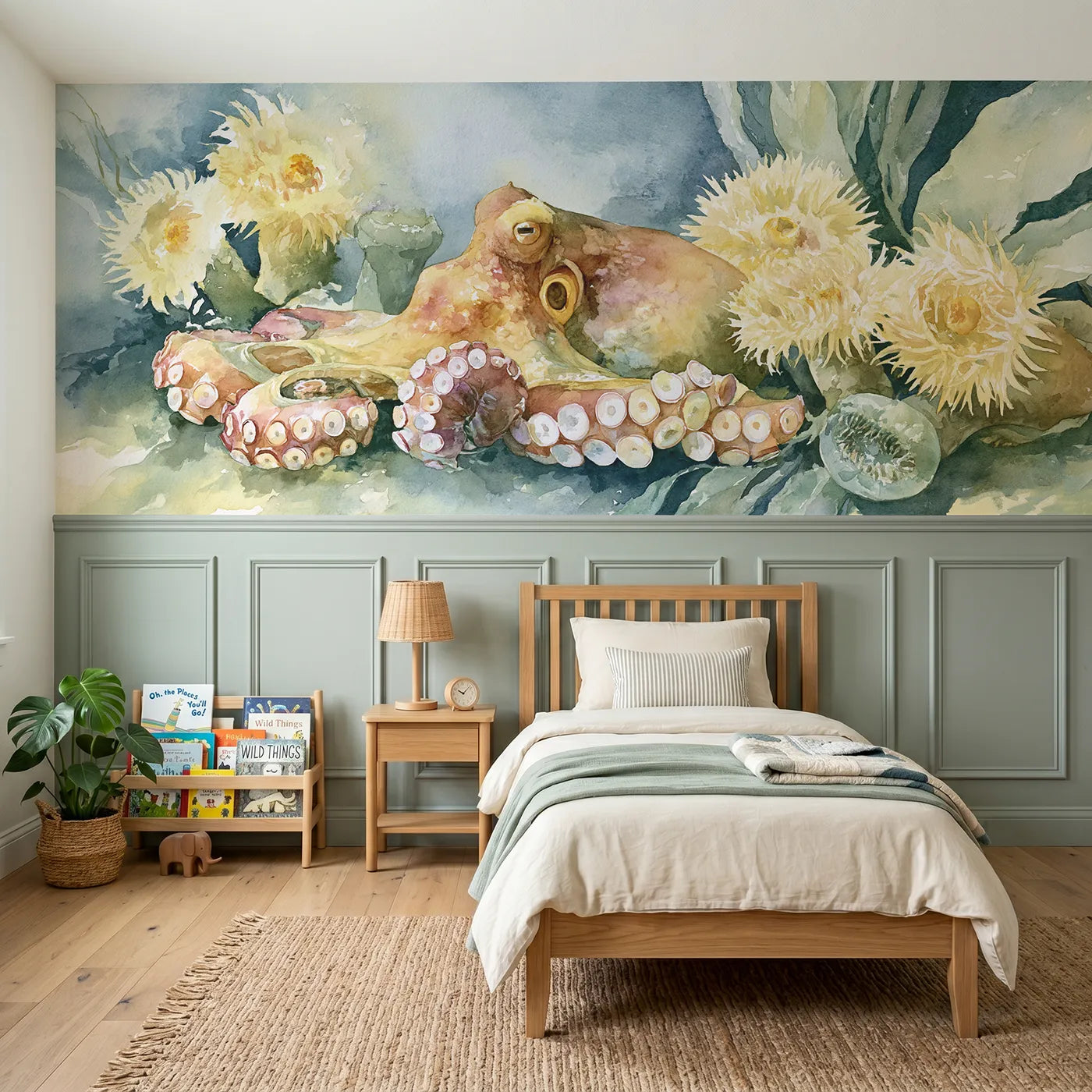 Watercolor wainscoting wallpaper of an octopus resting in anemones by Whimsy Tots
