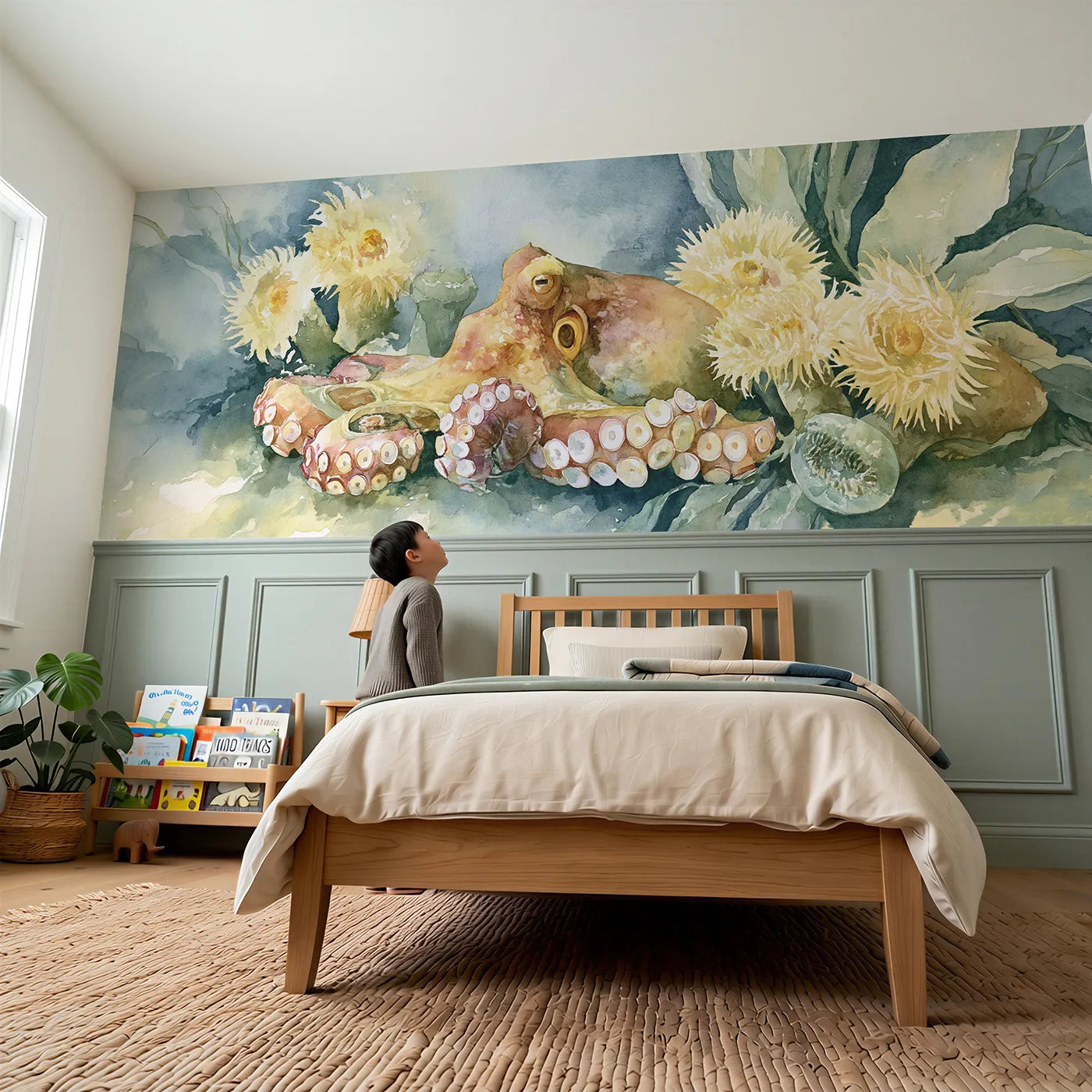Child reading near Octopus Anemone Garden Rest Wainscoting Wallpaper by Whimsy Tots
