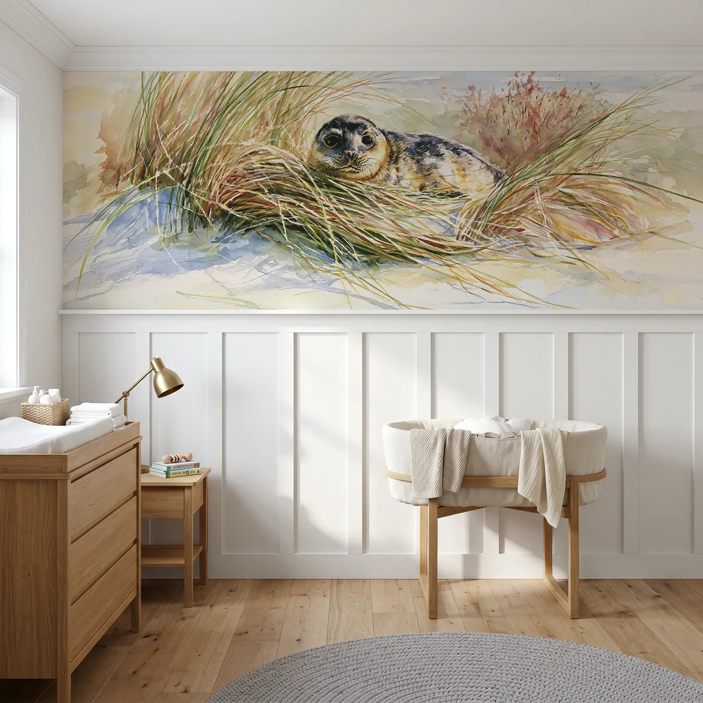 Watercolor wainscoting wallpaper of a seal pup in golden dune grasses by Whimsy Tots