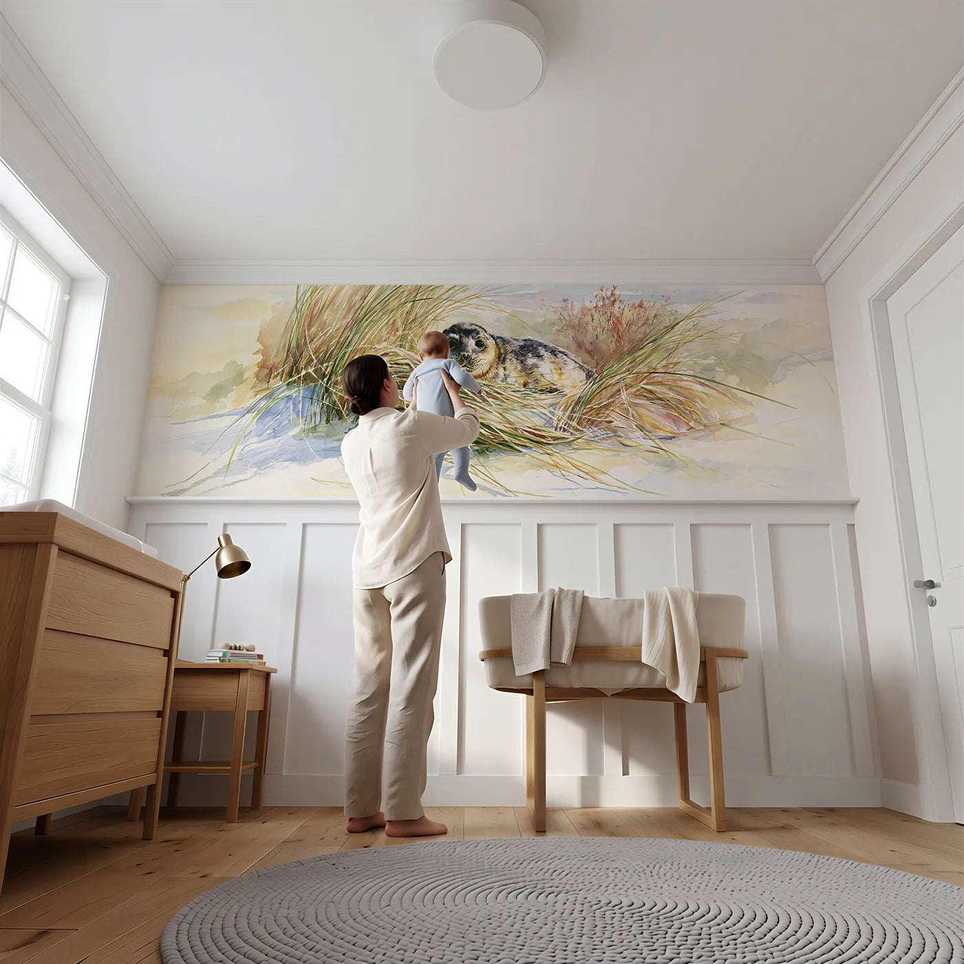 Child reading near Seal Among Beach Grasses Wainscoting Wallpaper by Whimsy Tots