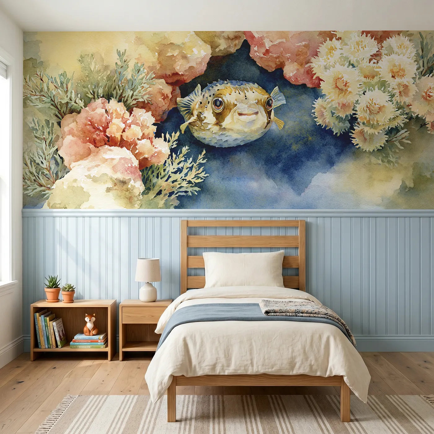 Watercolor wainscoting wallpaper of a pufferfish in a coral nook by Whimsy Tots