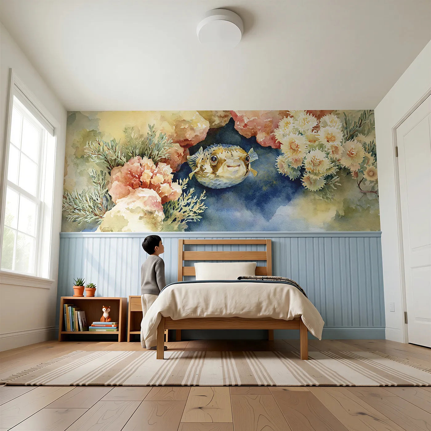 Child reading near Pufferfish Coral Nook Wainscoting Wallpaper by Whimsy Tots