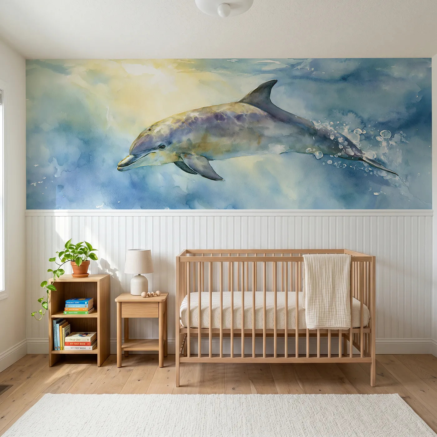 Watercolor wainscoting wallpaper of a dolphin with a bubble trail by Whimsy Tots