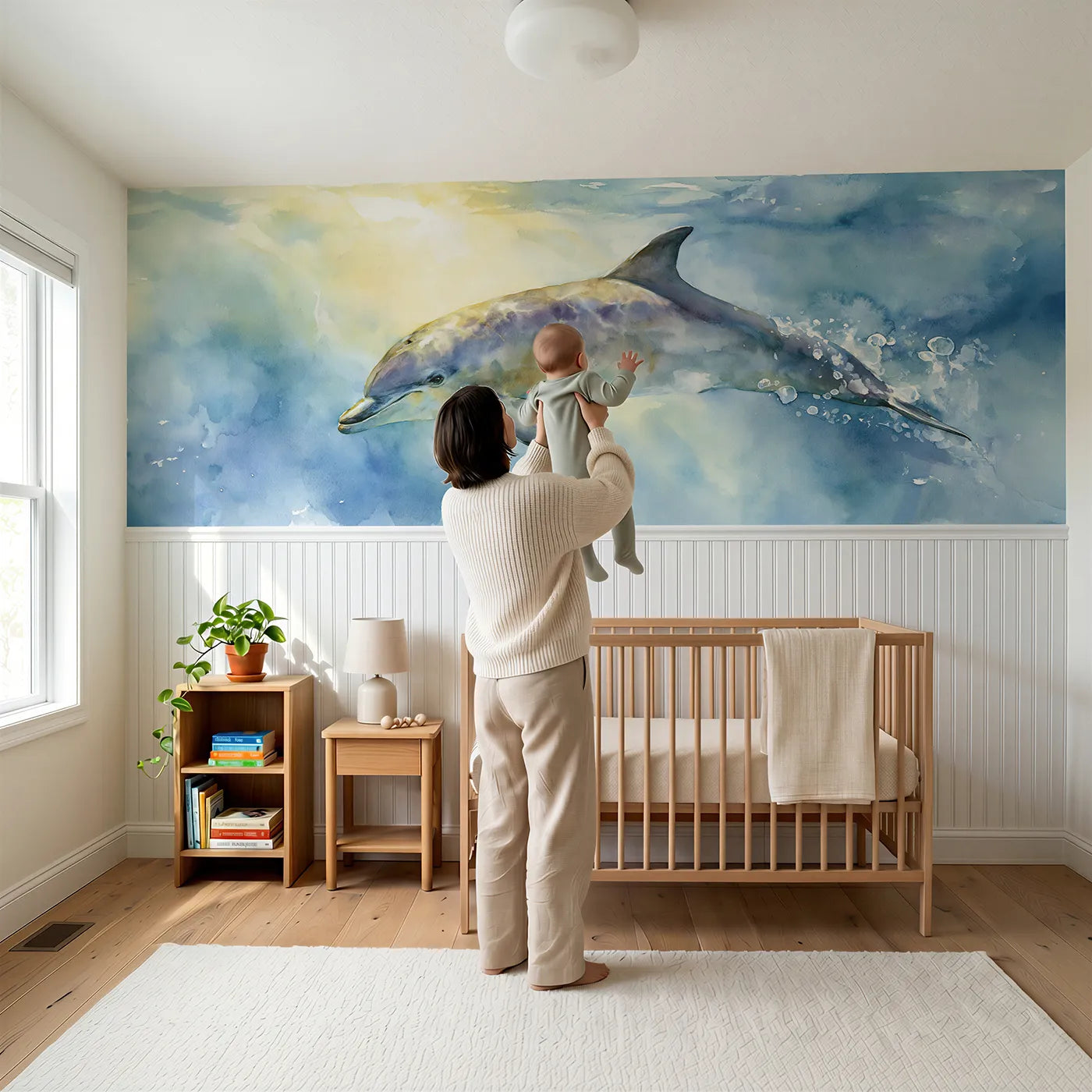 Child reading near Dolphin Sunlit Bubble Trail Wainscoting Wallpaper by Whimsy Tots