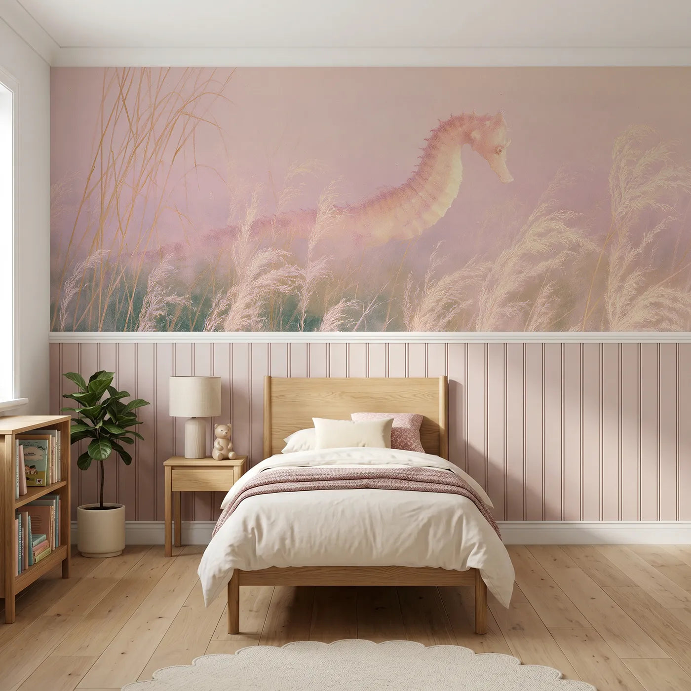 Soft pastel wainscoting wallpaper of a seahorse in rose dusk water by Whimsy Tots