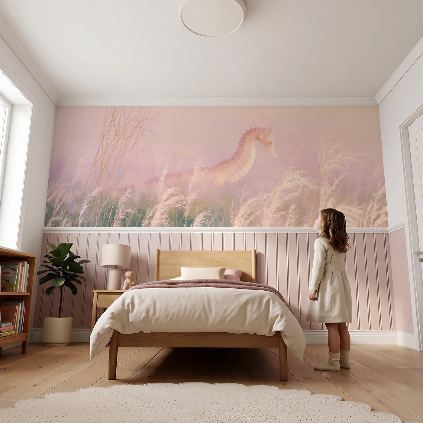 Child reading near Seahorse Dusk Blush Wainscoting Wallpaper by Whimsy Tots