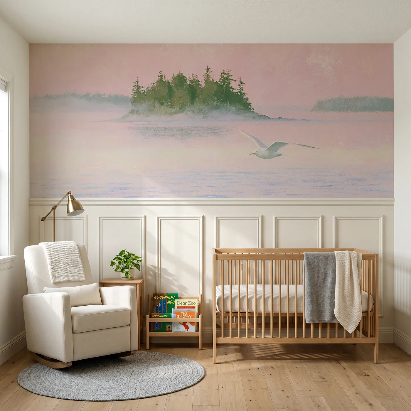 Soft pastel wainscoting wallpaper of a gull gliding in rose evening light by Whimsy Tots