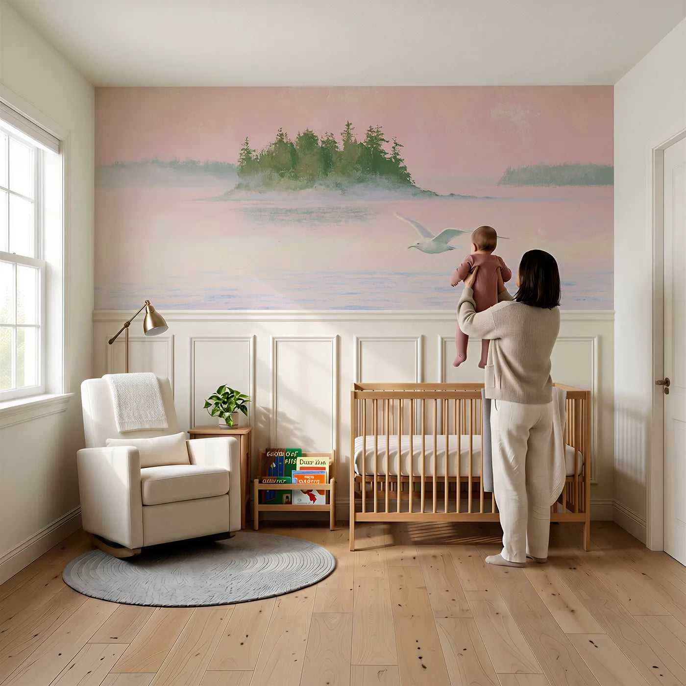 Child reading near Gull Evening Glide Soft Wainscoting Wallpaper by Whimsy Tots