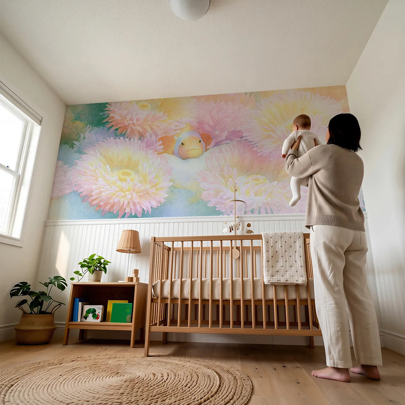 Child reading near Clownfish Soft Anemone Sway Wainscoting Wallpaper by Whimsy Tots