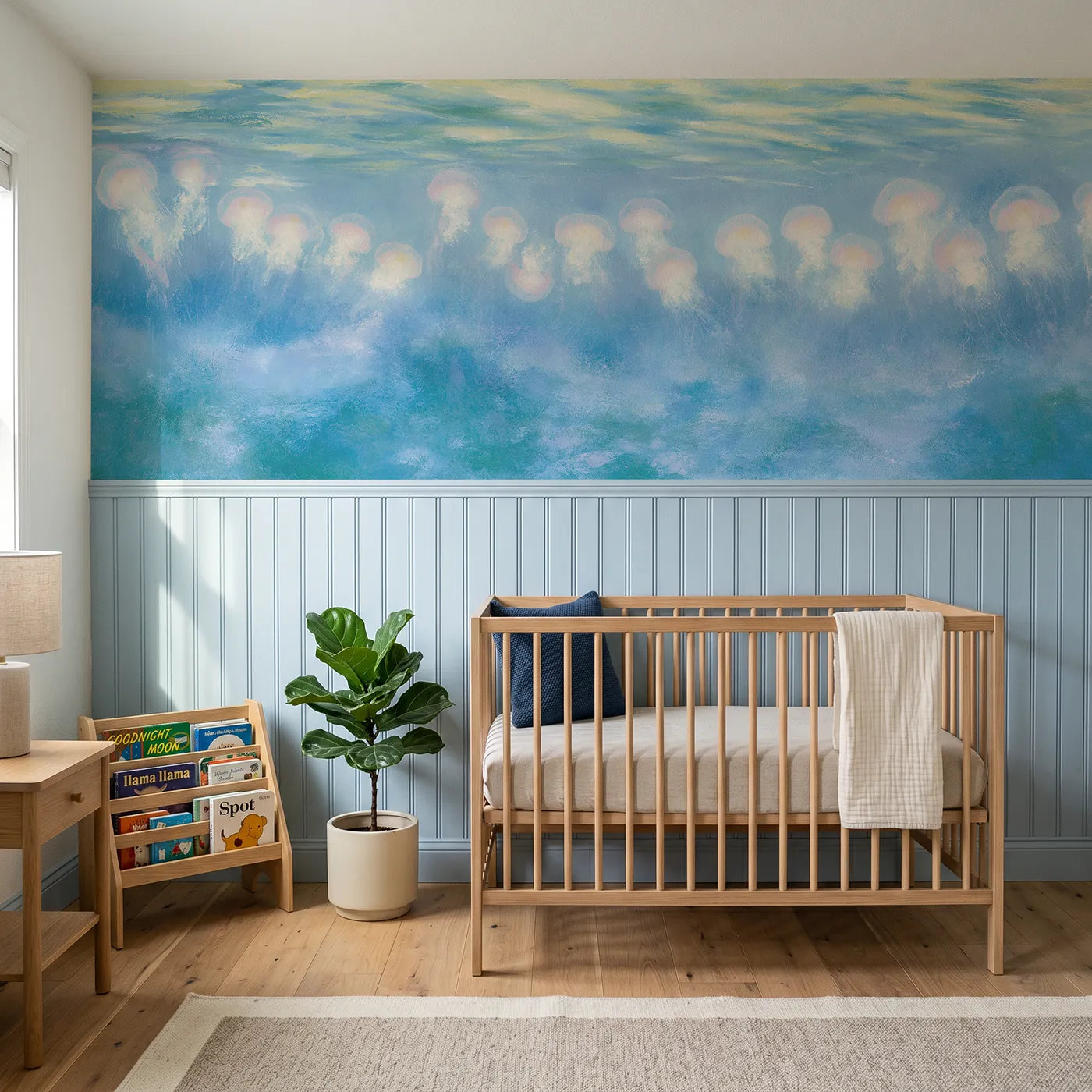 Soft pastel wainscoting wallpaper of pale jellyfish in a morning bay by Whimsy Tots