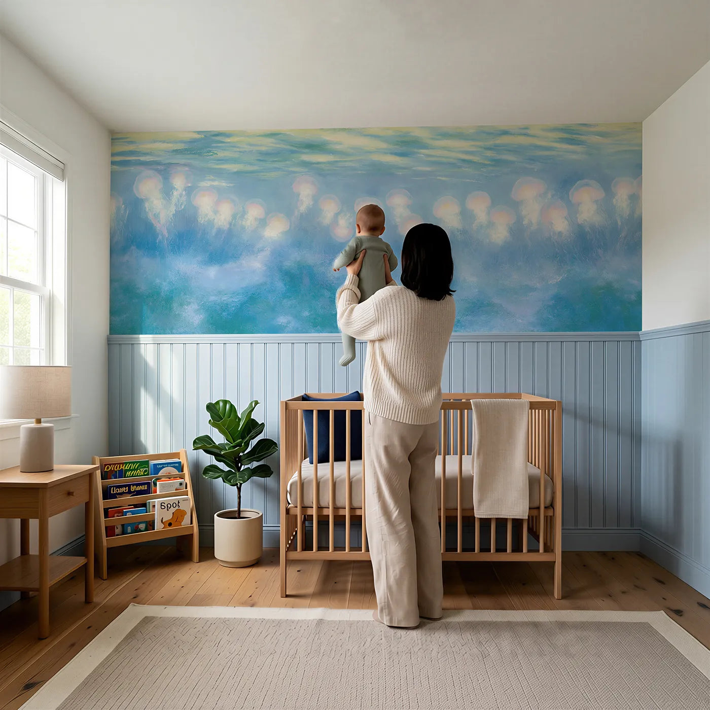 Child reading near Jellyfish Pale Morning Bay Wainscoting Wallpaper by Whimsy Tots