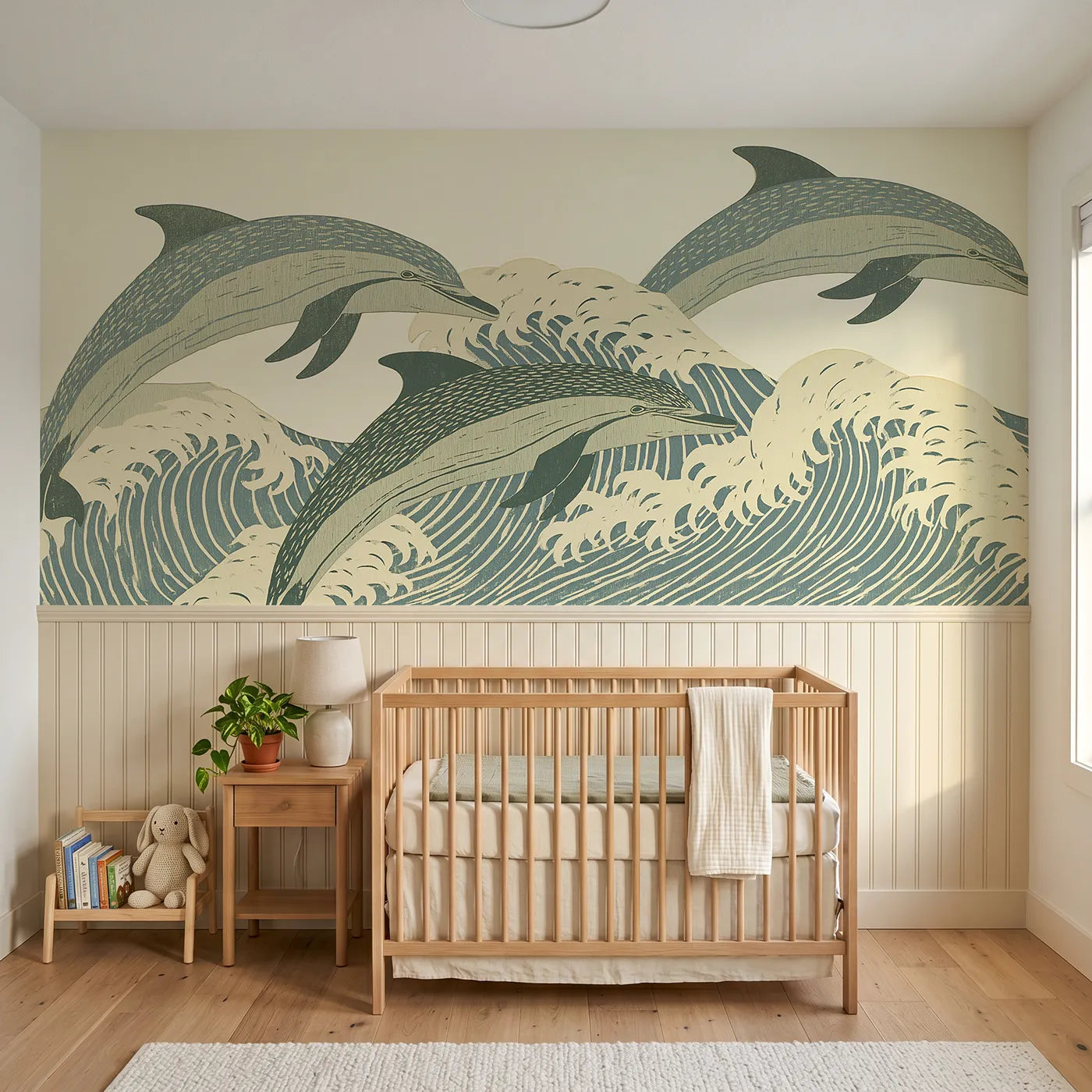 Block print wainscoting wallpaper of three carved dolphins arcing waves by Whimsy Tots