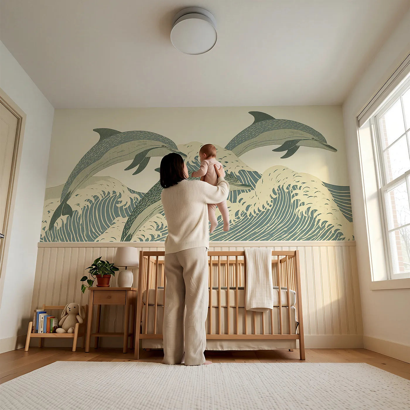 Child reading near Carved Dolphin Arc Trio Wainscoting Wallpaper by Whimsy Tots