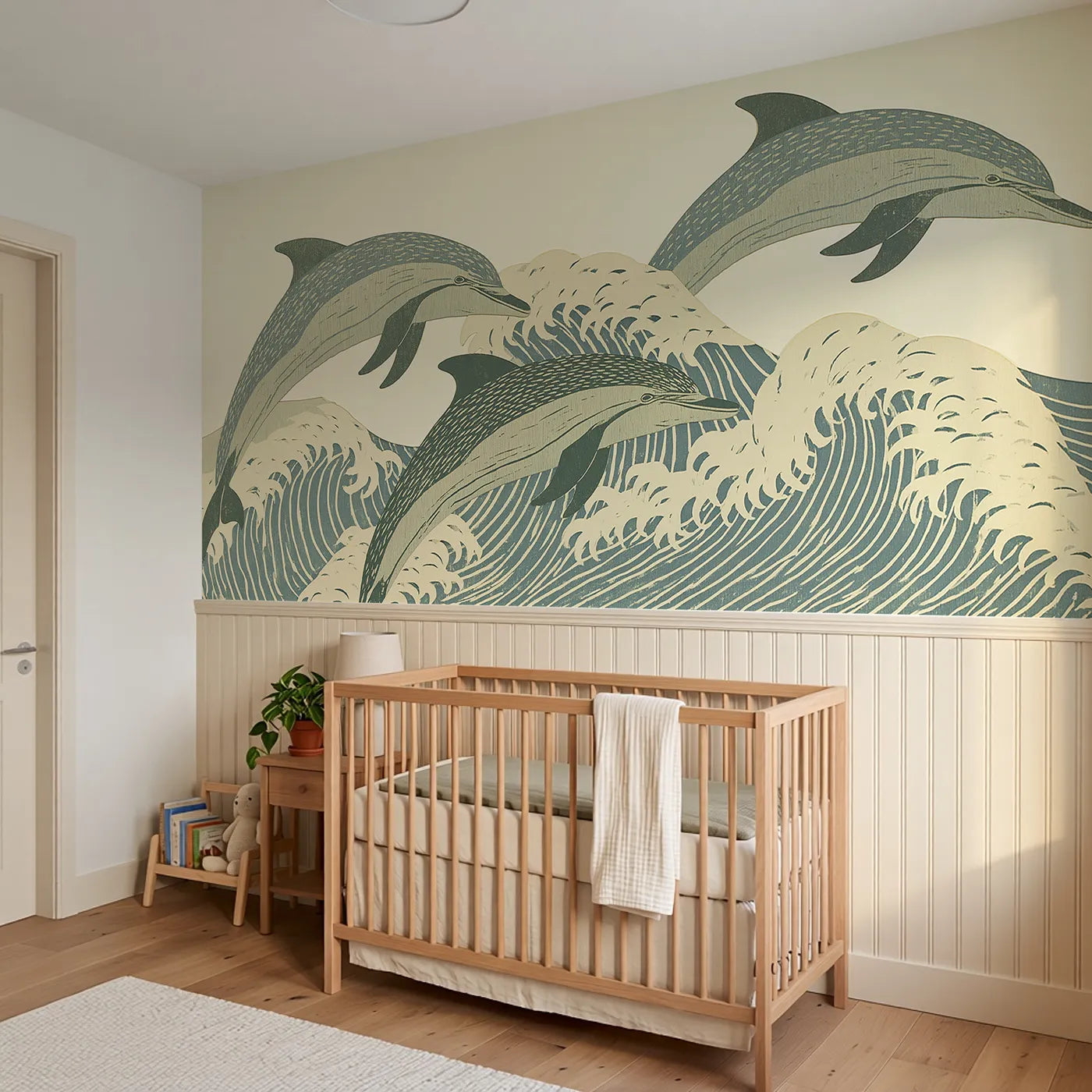 Carved Dolphin Arc Trio Wainscoting Wallpaper styled in a kids room by Whimsy Tots