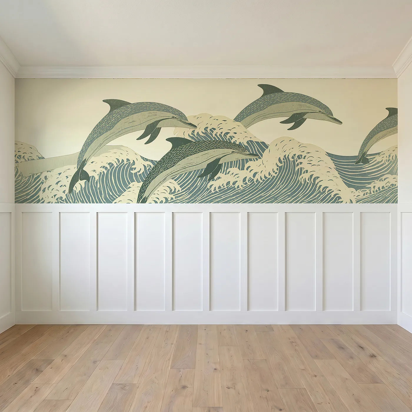 Full panel view of Carved Dolphin Arc Trio Wainscoting Wallpaper by Whimsy Tots