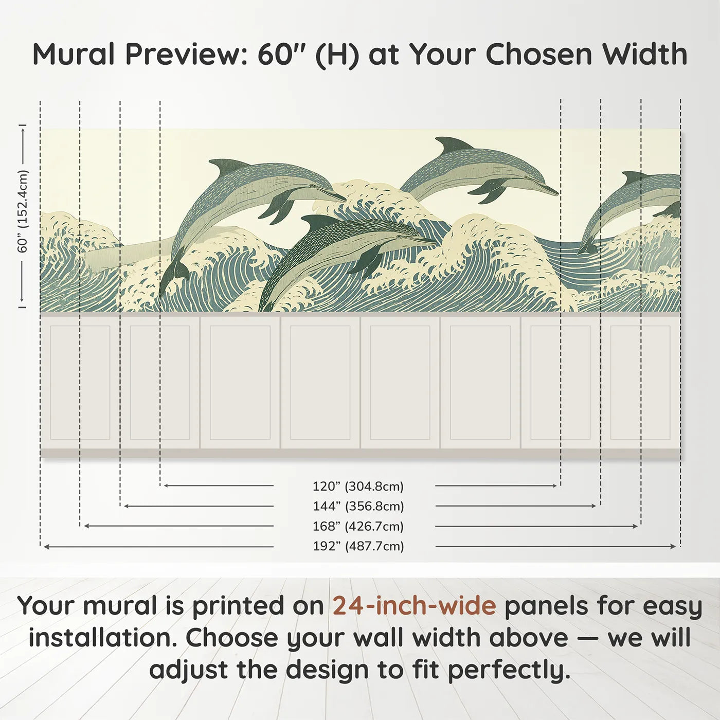 Panel dimensions for Carved Dolphin Arc Trio Wainscoting Wallpaper by Whimsy Tots