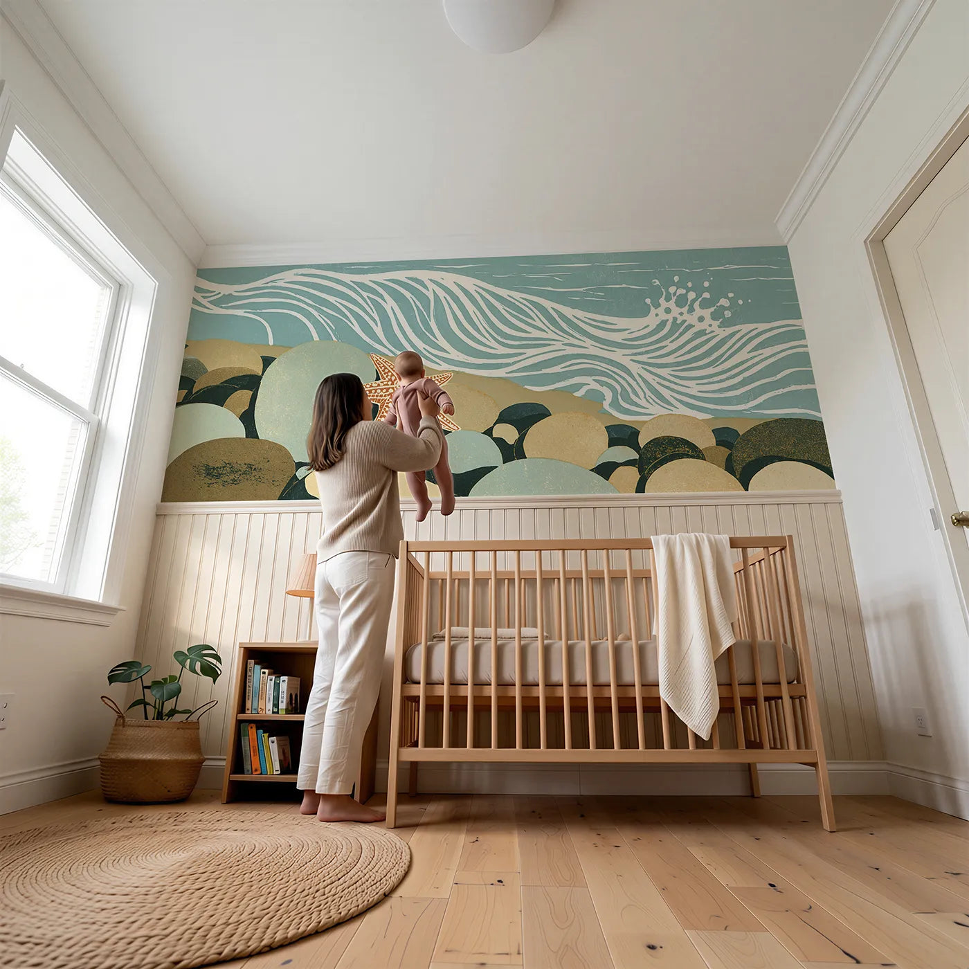 Child reading near Carved Starfish Pebble Shore Wainscoting Wallpaper by Whimsy Tots