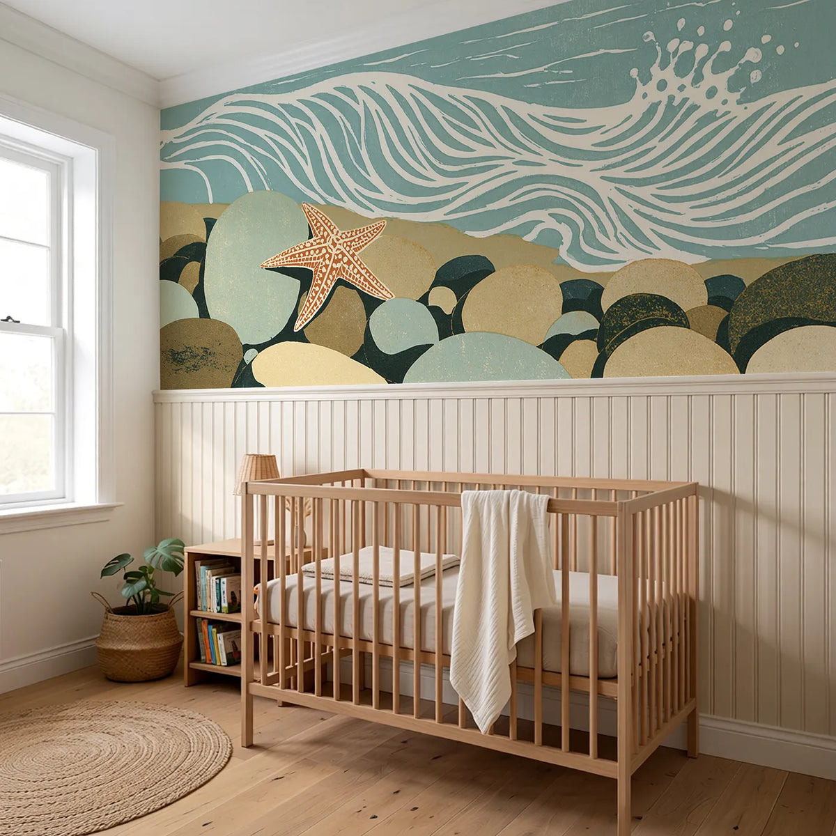 Carved Starfish Pebble Shore Wainscoting Wallpaper styled in a kids room by Whimsy Tots