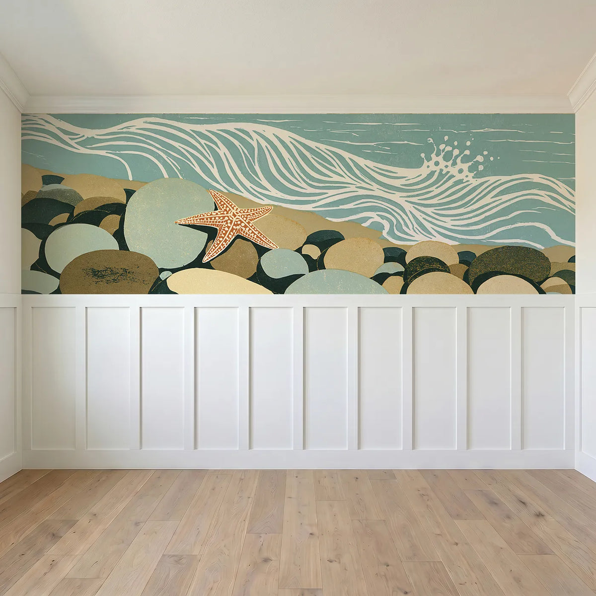 Full panel view of Carved Starfish Pebble Shore Wainscoting Wallpaper by Whimsy Tots