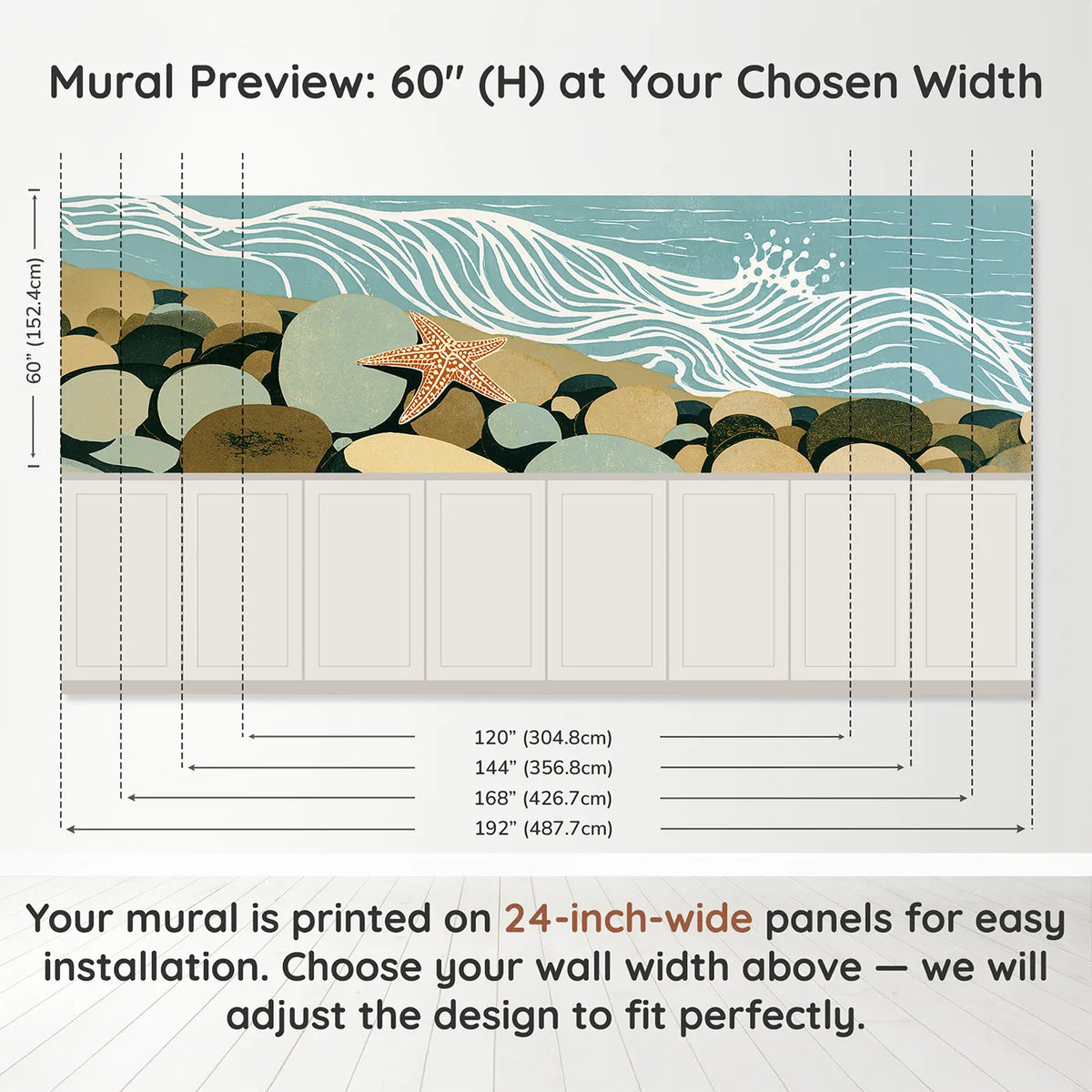 Panel dimensions for Carved Starfish Pebble Shore Wainscoting Wallpaper by Whimsy Tots