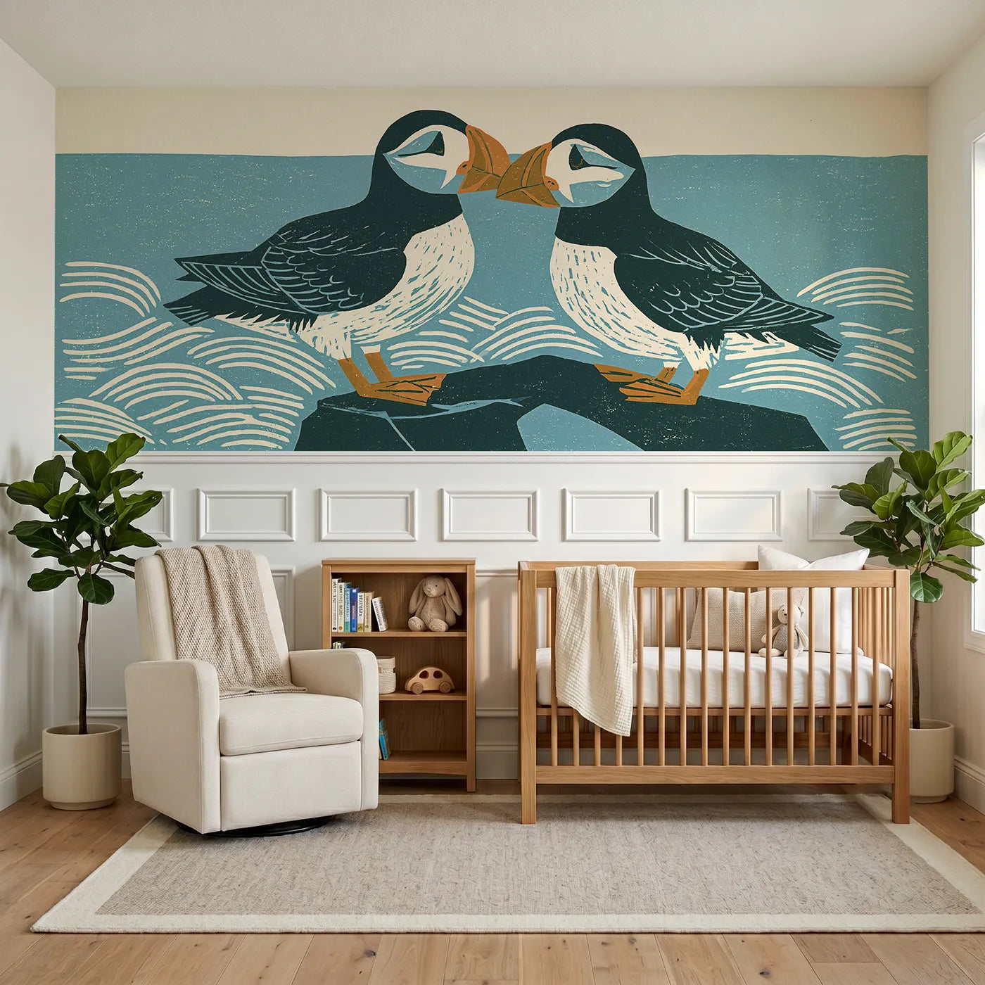 Block print wainscoting wallpaper of two carved puffins on a rock by Whimsy Tots