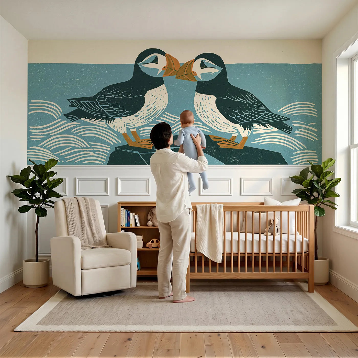 Child reading near Carved Puffin Rock Pair Wainscoting Wallpaper by Whimsy Tots