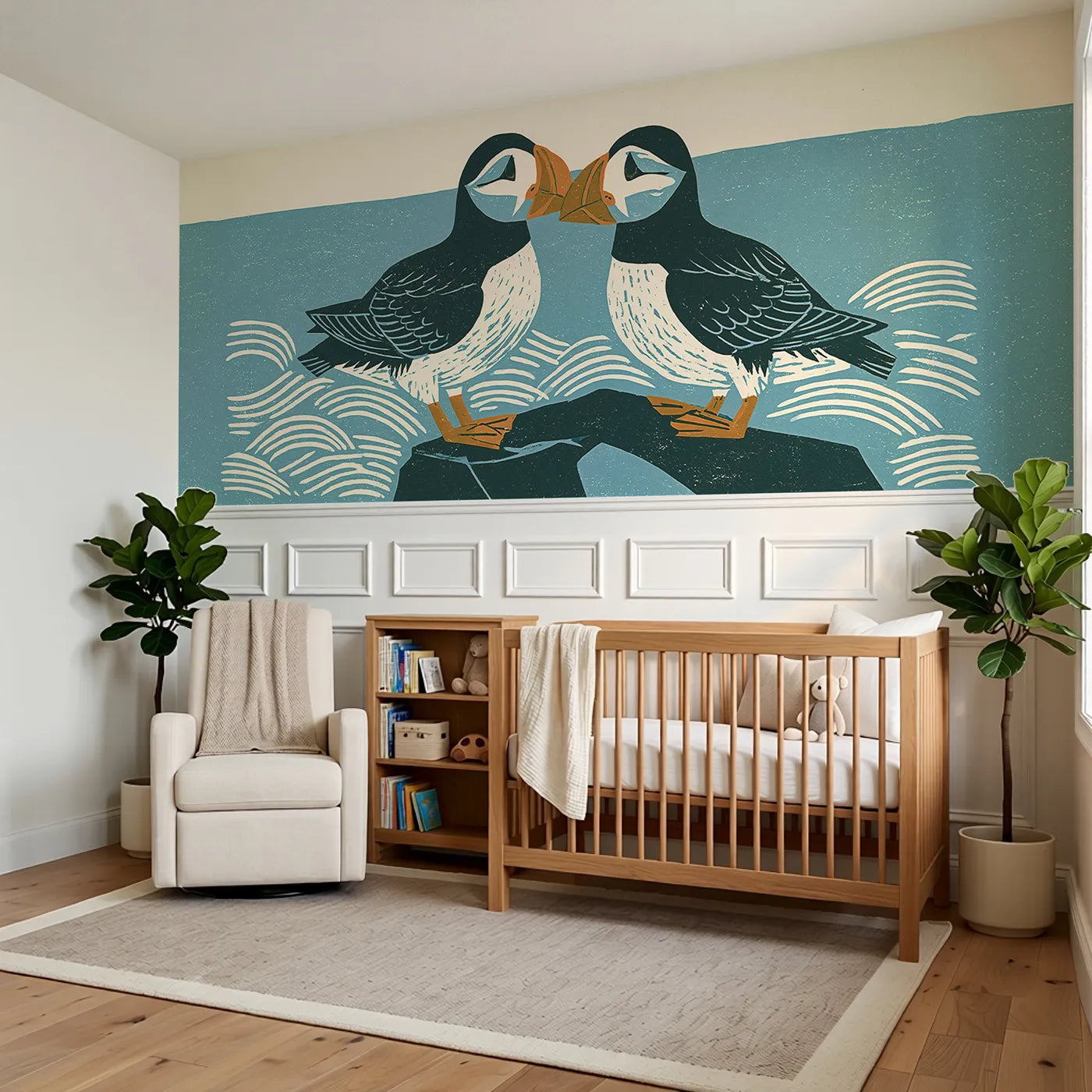 Carved Puffin Rock Pair Wainscoting Wallpaper styled in a kids room by Whimsy Tots