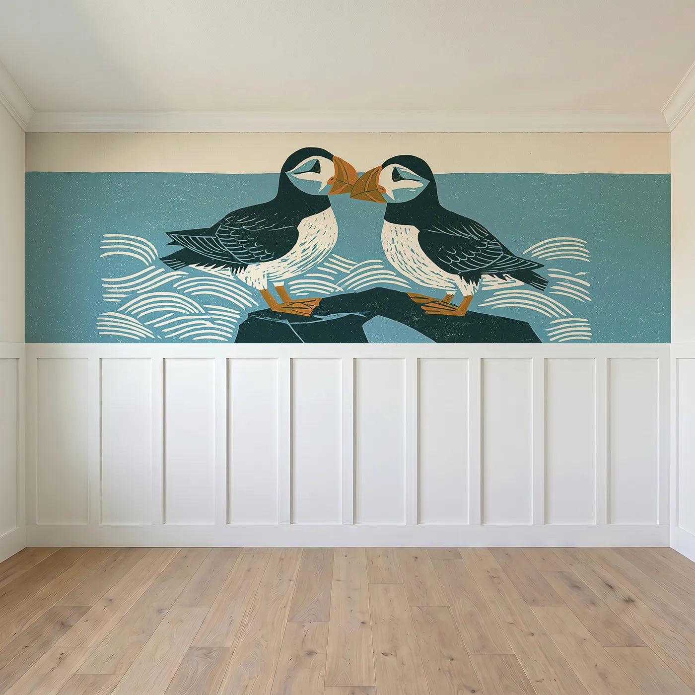 Full panel view of Carved Puffin Rock Pair Wainscoting Wallpaper by Whimsy Tots