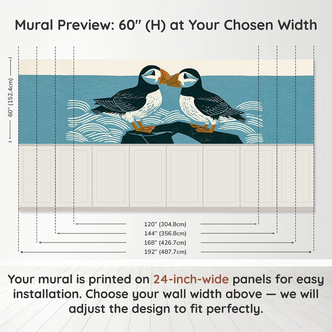 Panel dimensions for Carved Puffin Rock Pair Wainscoting Wallpaper by Whimsy Tots