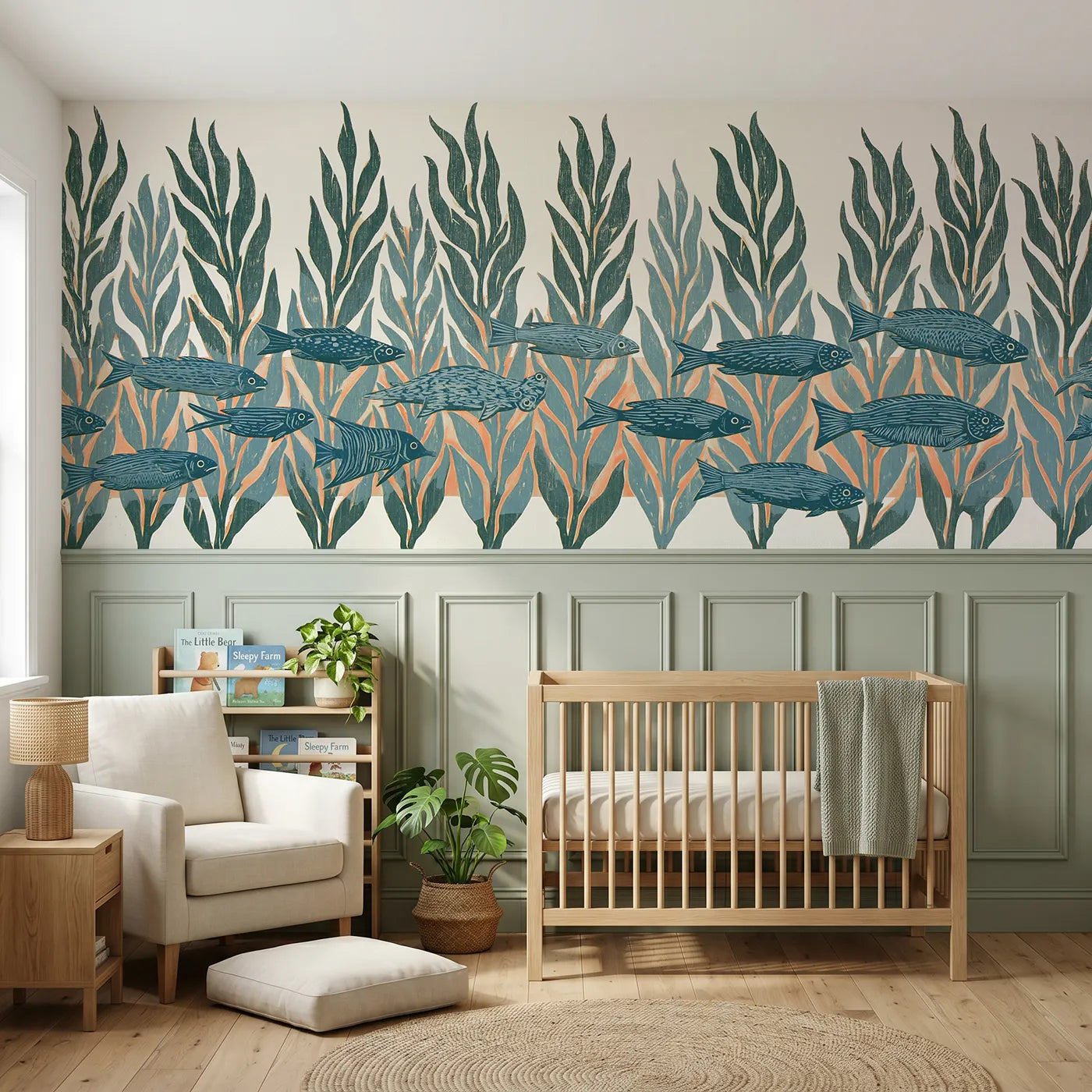 Block print wainscoting wallpaper of carved fish weaving kelp ribbons by Whimsy Tots