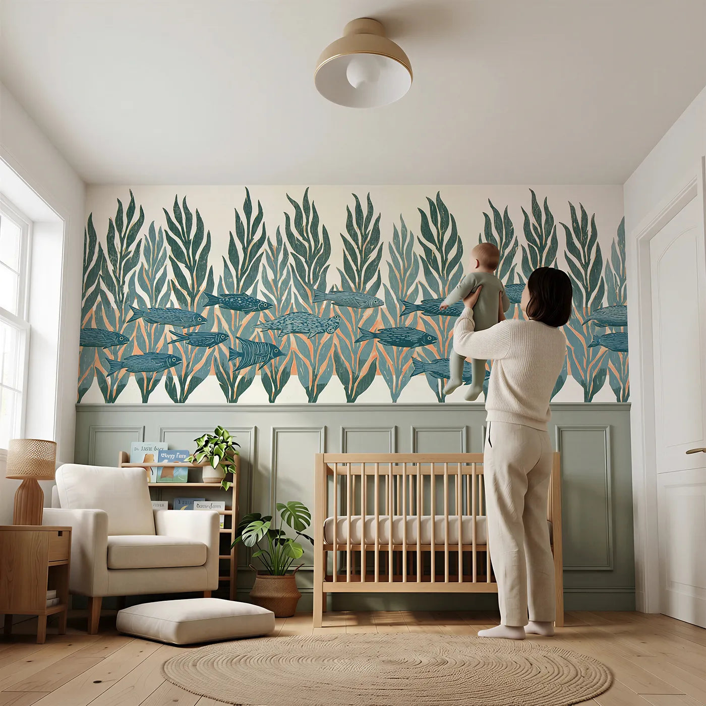 Child reading near Carved Kelp Fish Weave Wainscoting Wallpaper by Whimsy Tots