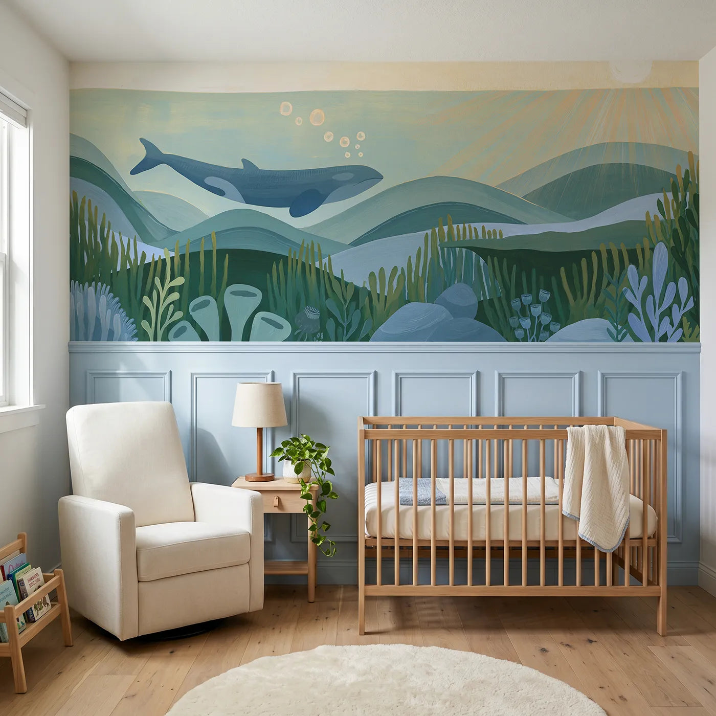 Modern illustration wainscoting wallpaper of a gentle painted whale by Whimsy Tots