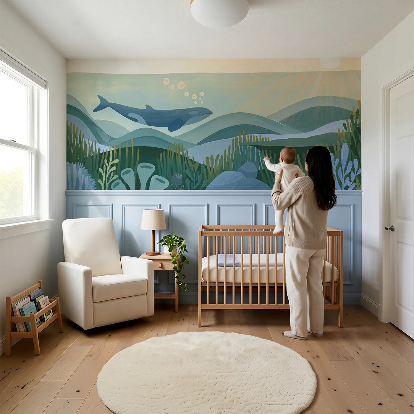 Child reading near Painted Whale Gentle Giant Wainscoting Wallpaper by Whimsy Tots