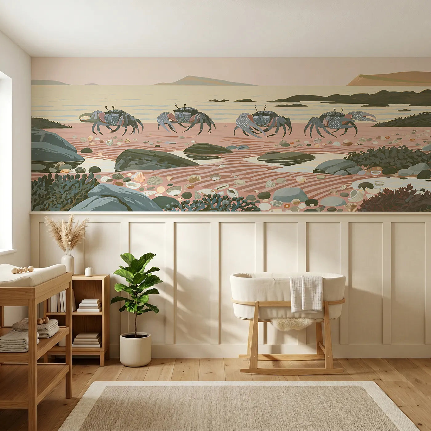 Modern illustration wainscoting wallpaper of four crabs scuttling sideways by Whimsy Tots
