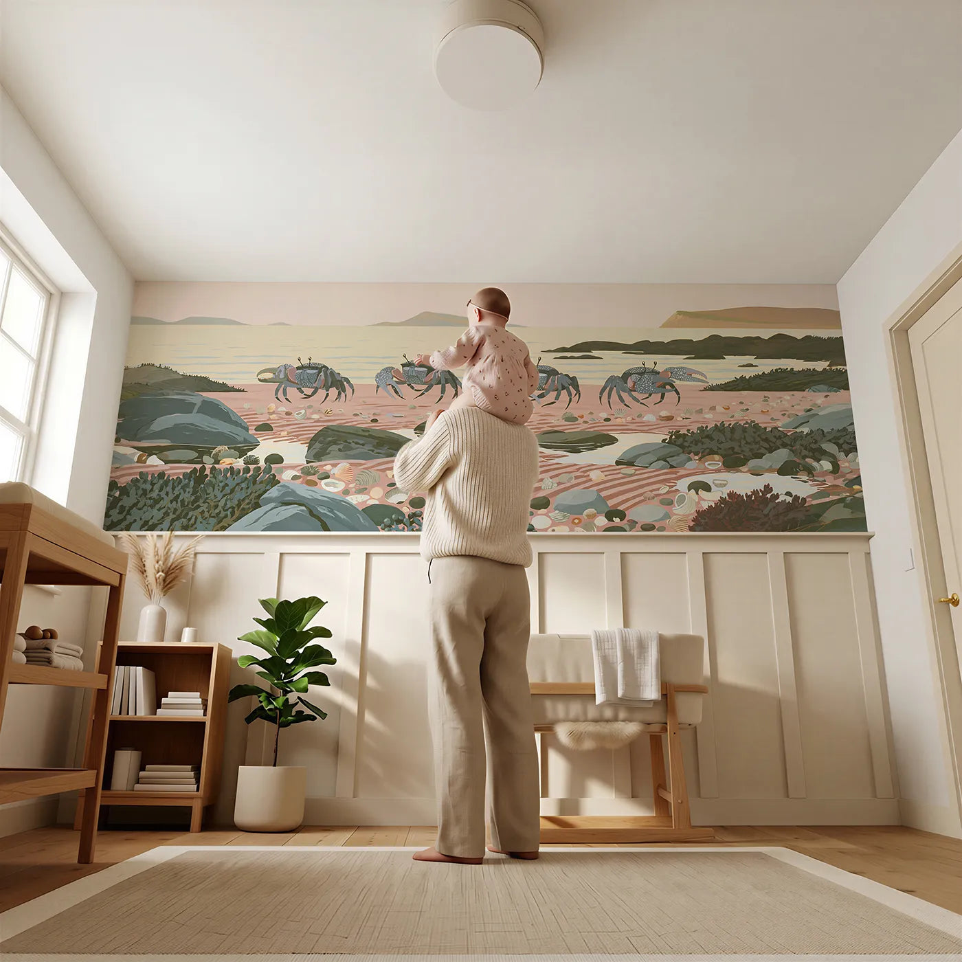 Child reading near Painted Crab Scuttle Line Wainscoting Wallpaper by Whimsy Tots