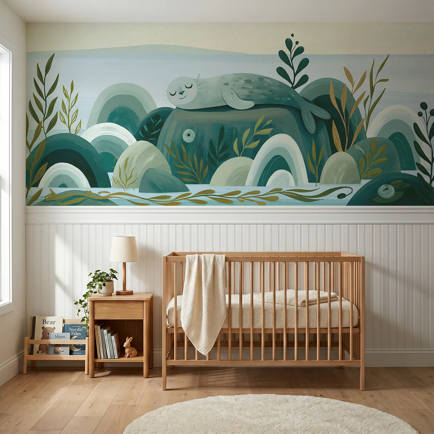 Modern illustration wainscoting wallpaper of a seal lolling on a rock by Whimsy Tots