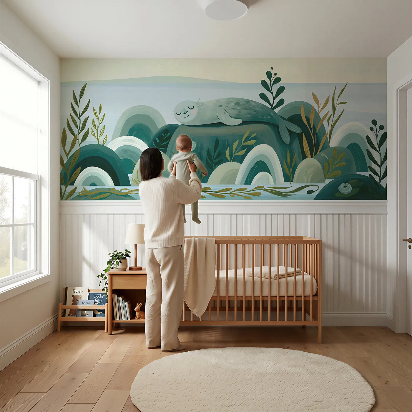 Child reading near Painted Seal Rock Loll Wainscoting Wallpaper by Whimsy Tots