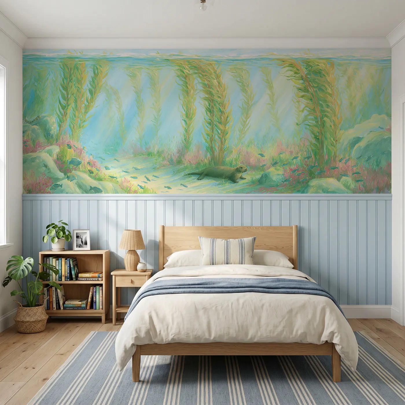 Colored pencil wainscoting wallpaper of a tall golden kelp forest by Whimsy Tots