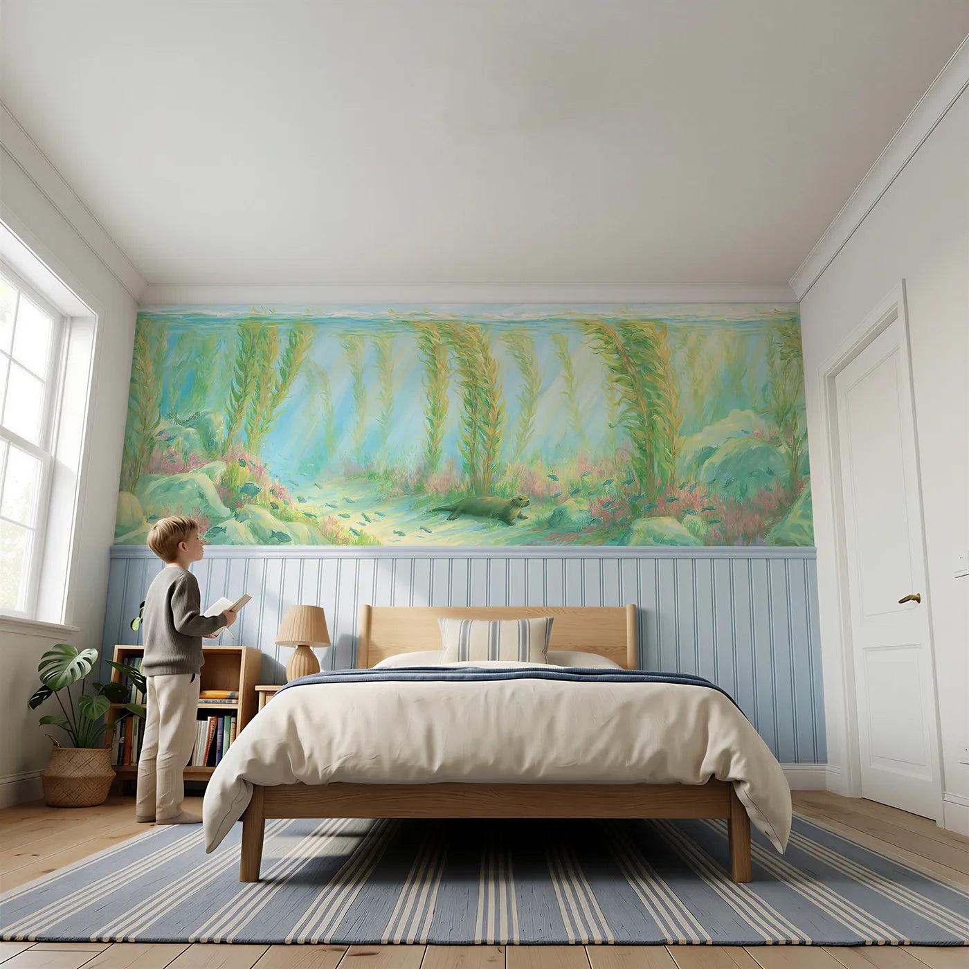 Child reading near Golden Kelp Forest Wainscoting Wallpaper by Whimsy Tots