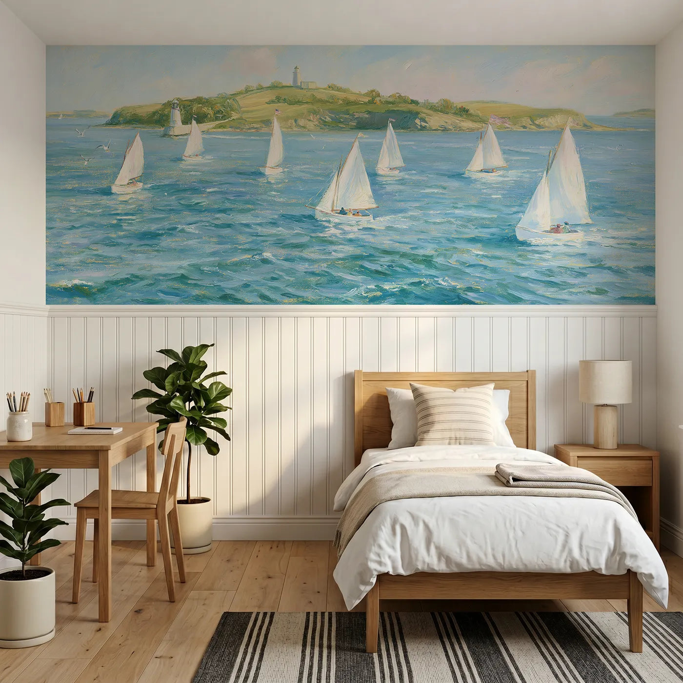 Storybook wainscoting wallpaper of sailboats crossing a bright bay by Whimsy Tots