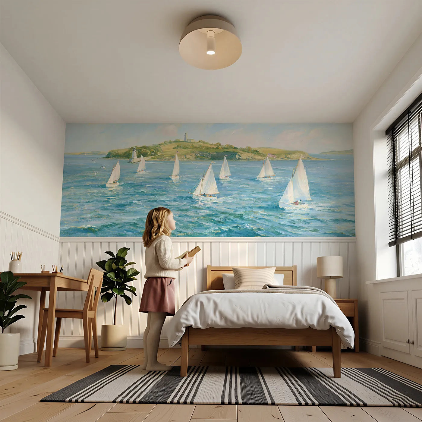 Child reading near Sailboats In The Bright Bay Wainscoting Wallpaper by Whimsy Tots