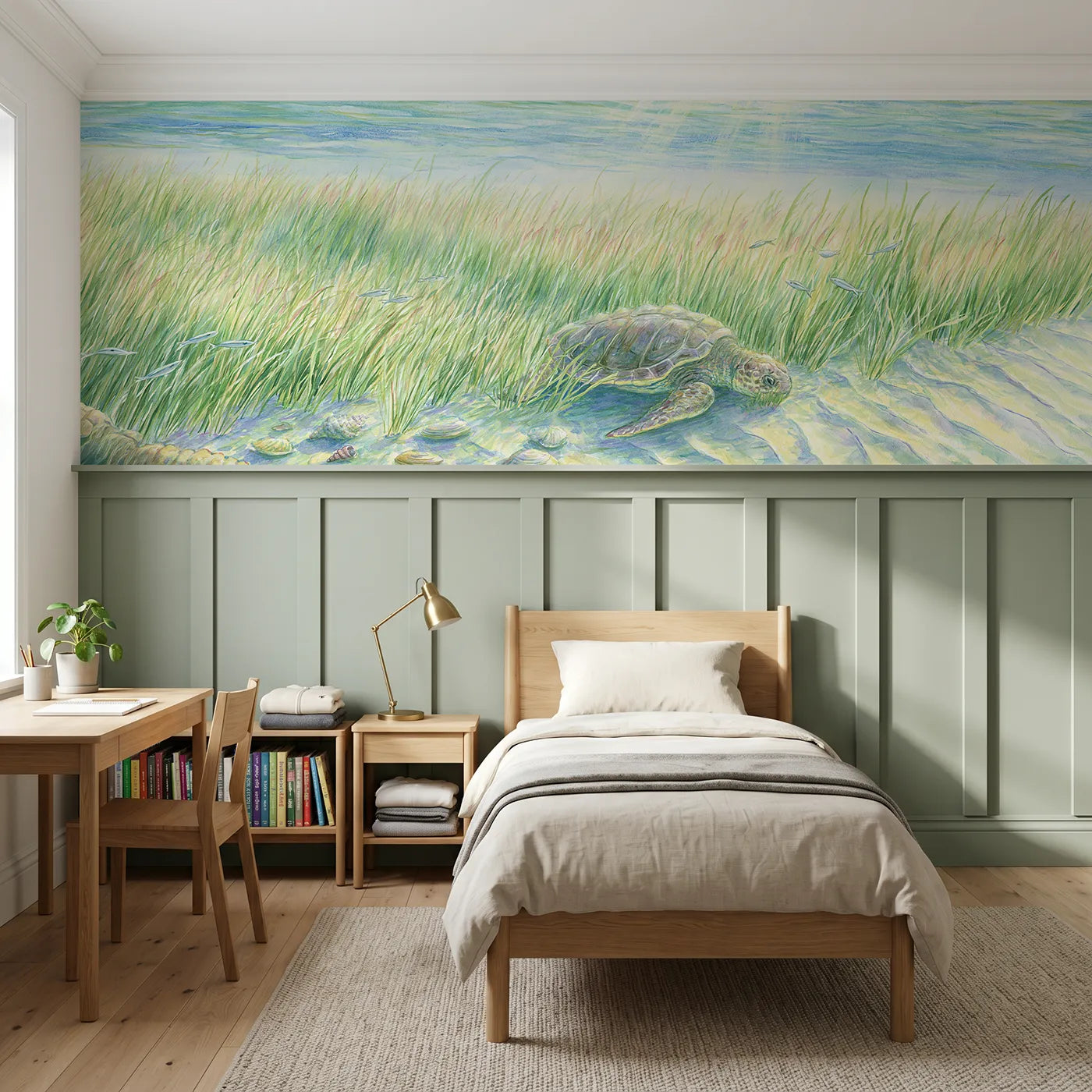 Colored pencil wainscoting wallpaper of seagrass swaying in shallows by Whimsy Tots