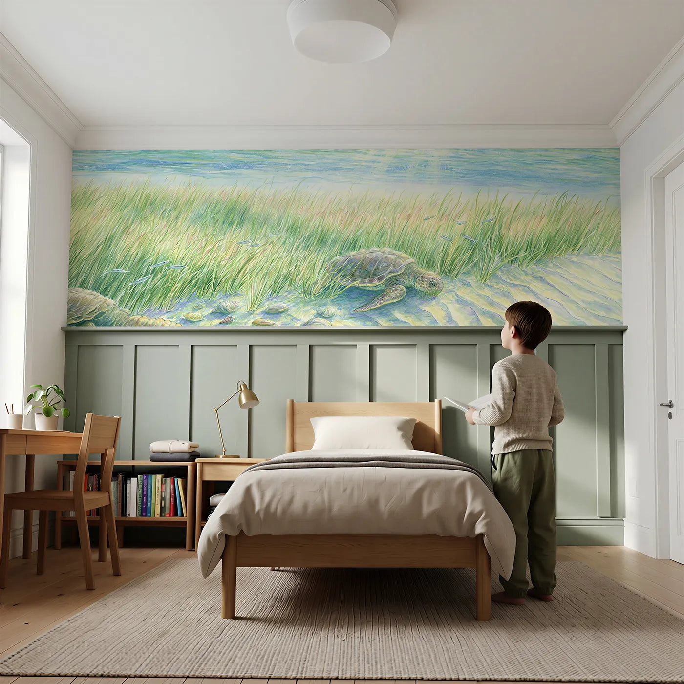 Child reading near Sunny Seagrass Shallows Wainscoting Wallpaper by Whimsy Tots