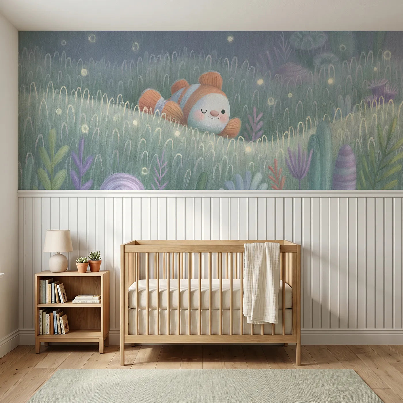 Colored pencil wainscoting wallpaper of a clownfish asleep in anemone glow by Whimsy Tots