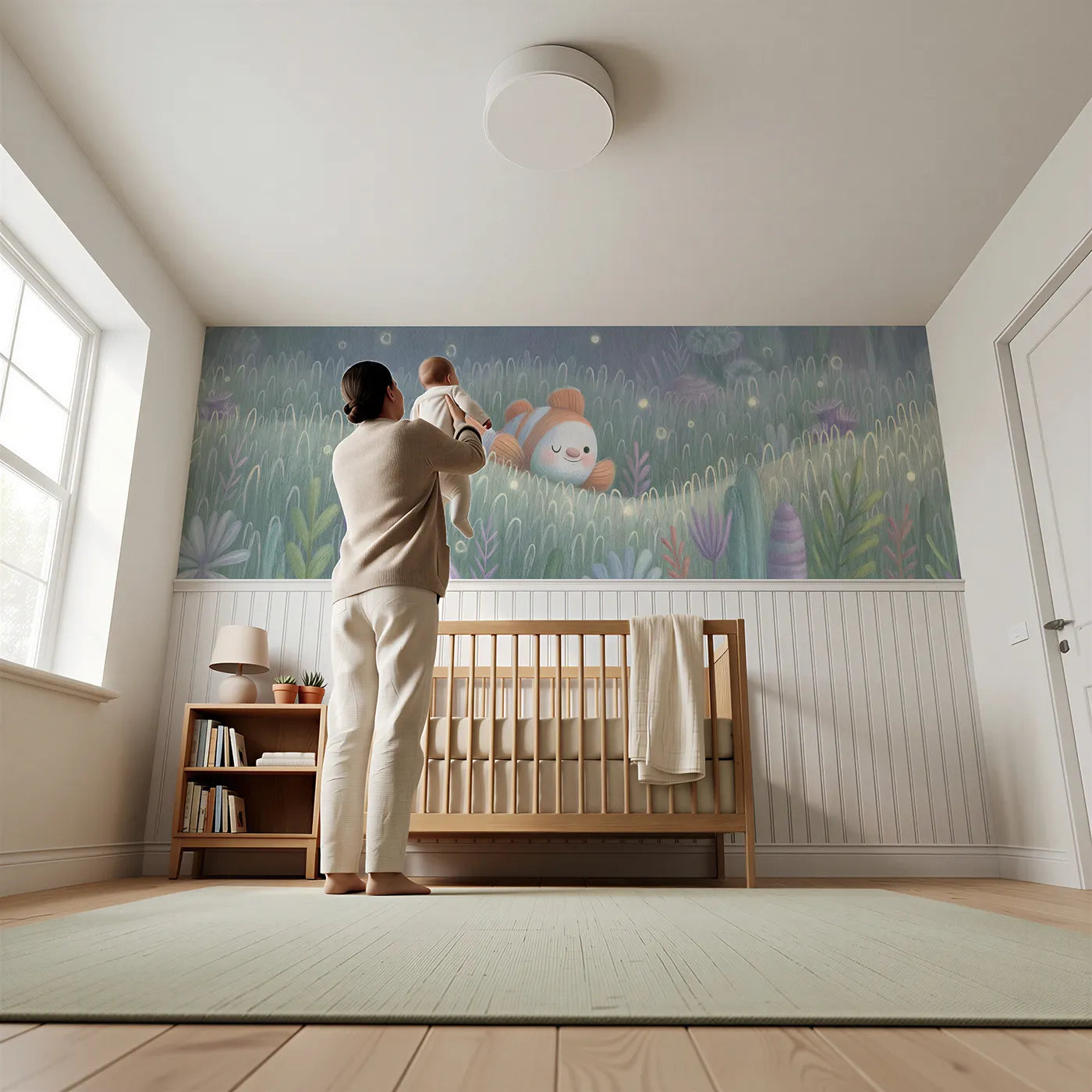 Child reading near Clownfish Night Anemone Glow Wainscoting Wallpaper by Whimsy Tots