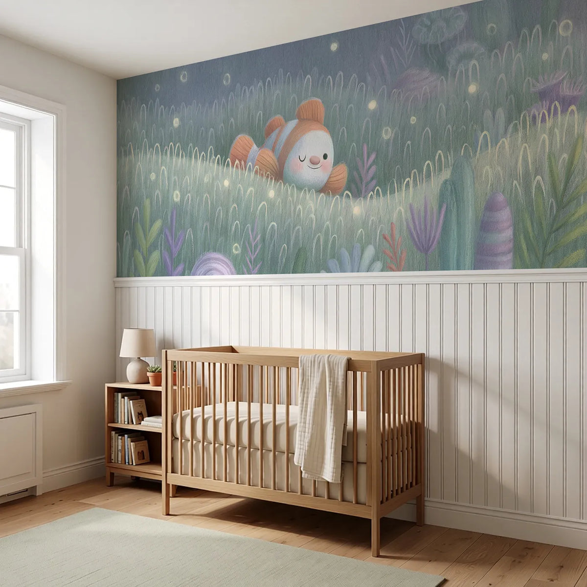 Clownfish Night Anemone Glow Wainscoting Wallpaper styled in a kids room by Whimsy Tots