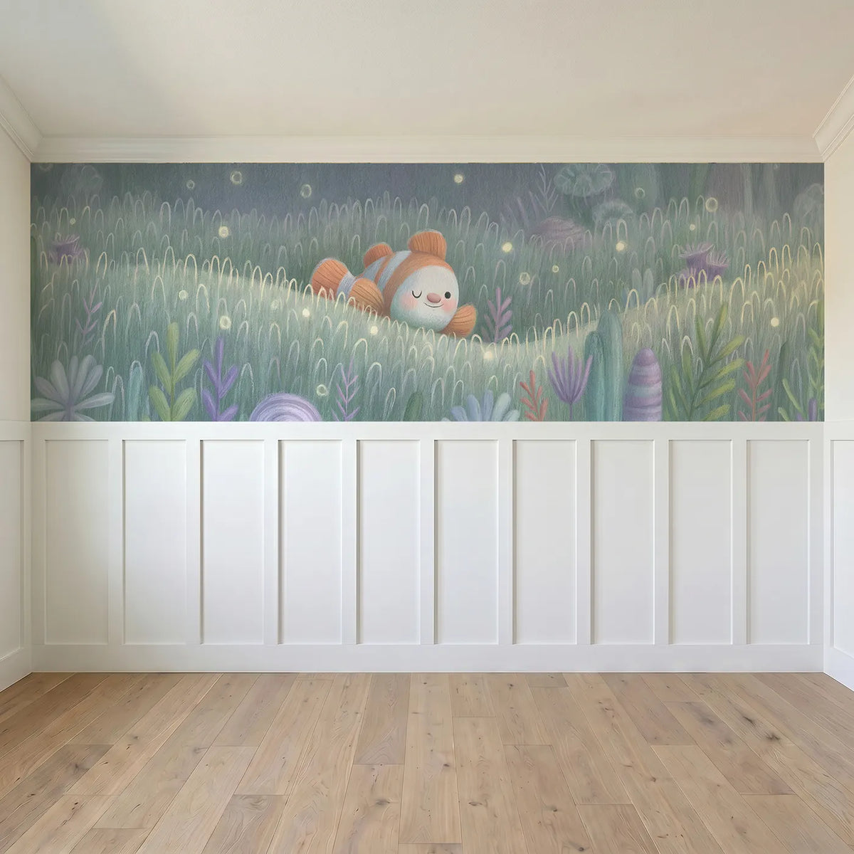 Full panel view of Clownfish Night Anemone Glow Wainscoting Wallpaper by Whimsy Tots