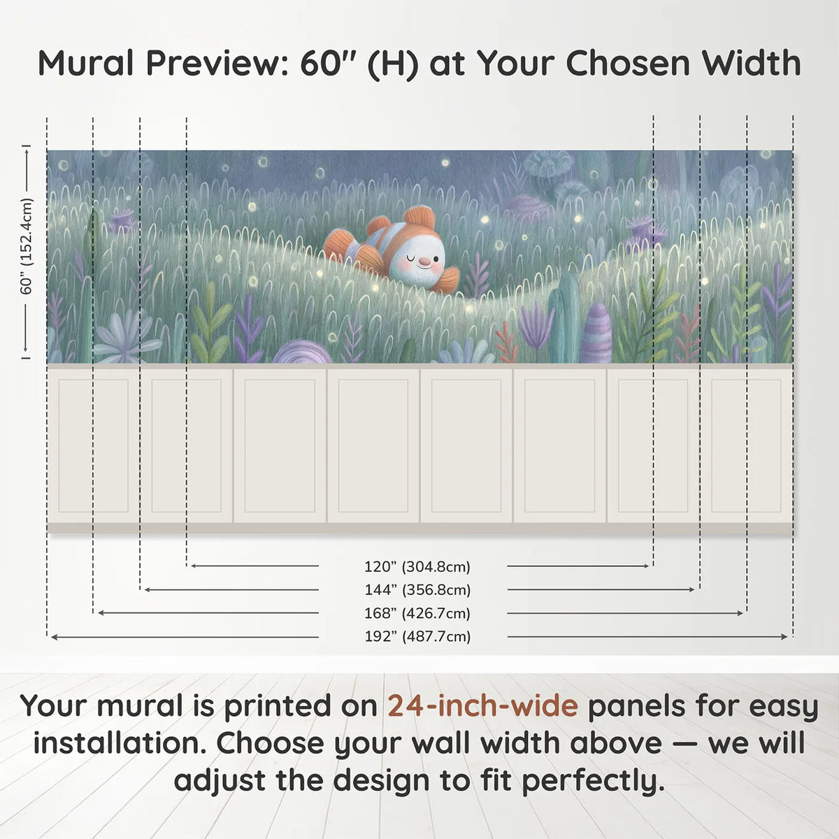 Panel dimensions for Clownfish Night Anemone Glow Wainscoting Wallpaper by Whimsy Tots