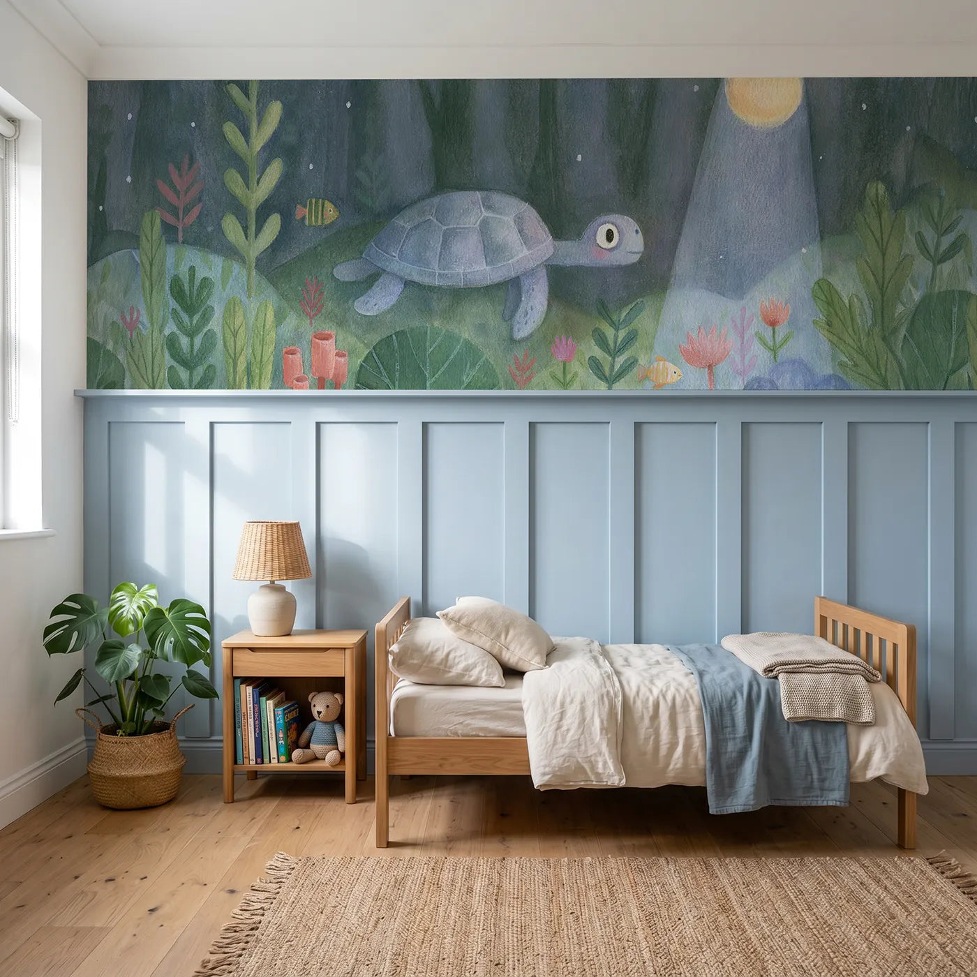 Colored pencil wainscoting mural of a turtle gliding through moonlight by Whimsy Tots